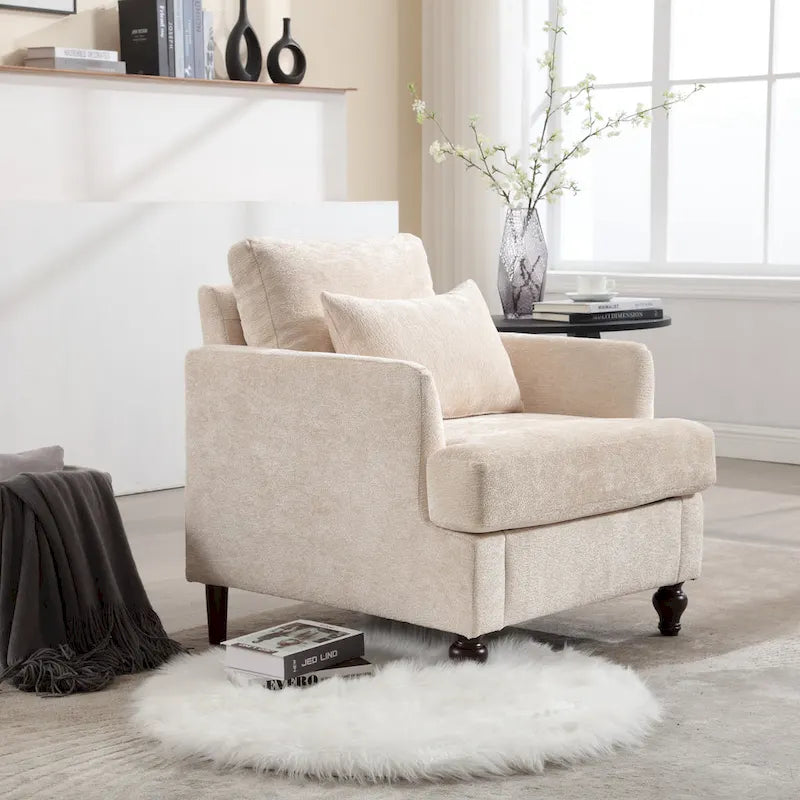 Fauteuil beige 29,53 en chenille avec cadre et coussins en bois massif