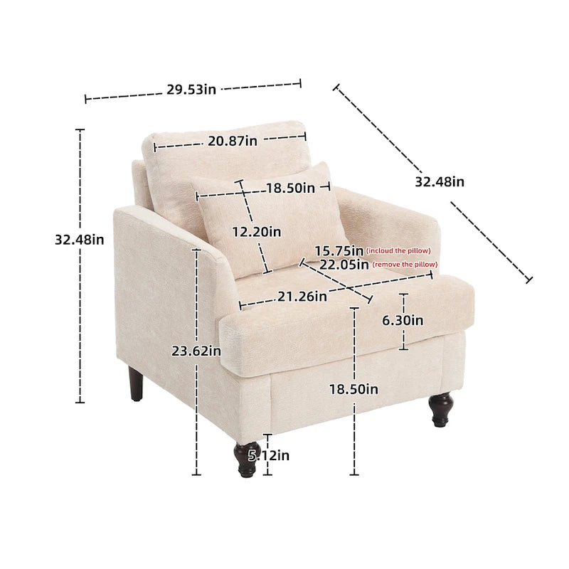 Fauteuil beige 29,53 en chenille avec cadre et coussins en bois massif