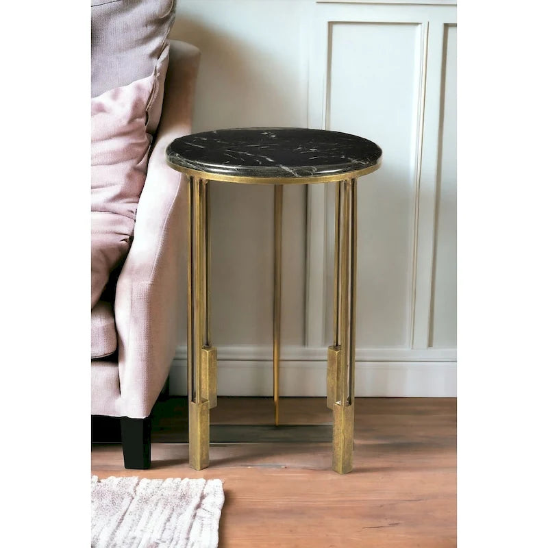 Table d'appoint ronde en marbre doré et noir et fer