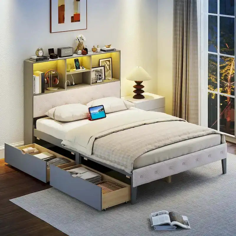 Cadre de lit double avec tête de lit bibliothèque Lit de rangement avec