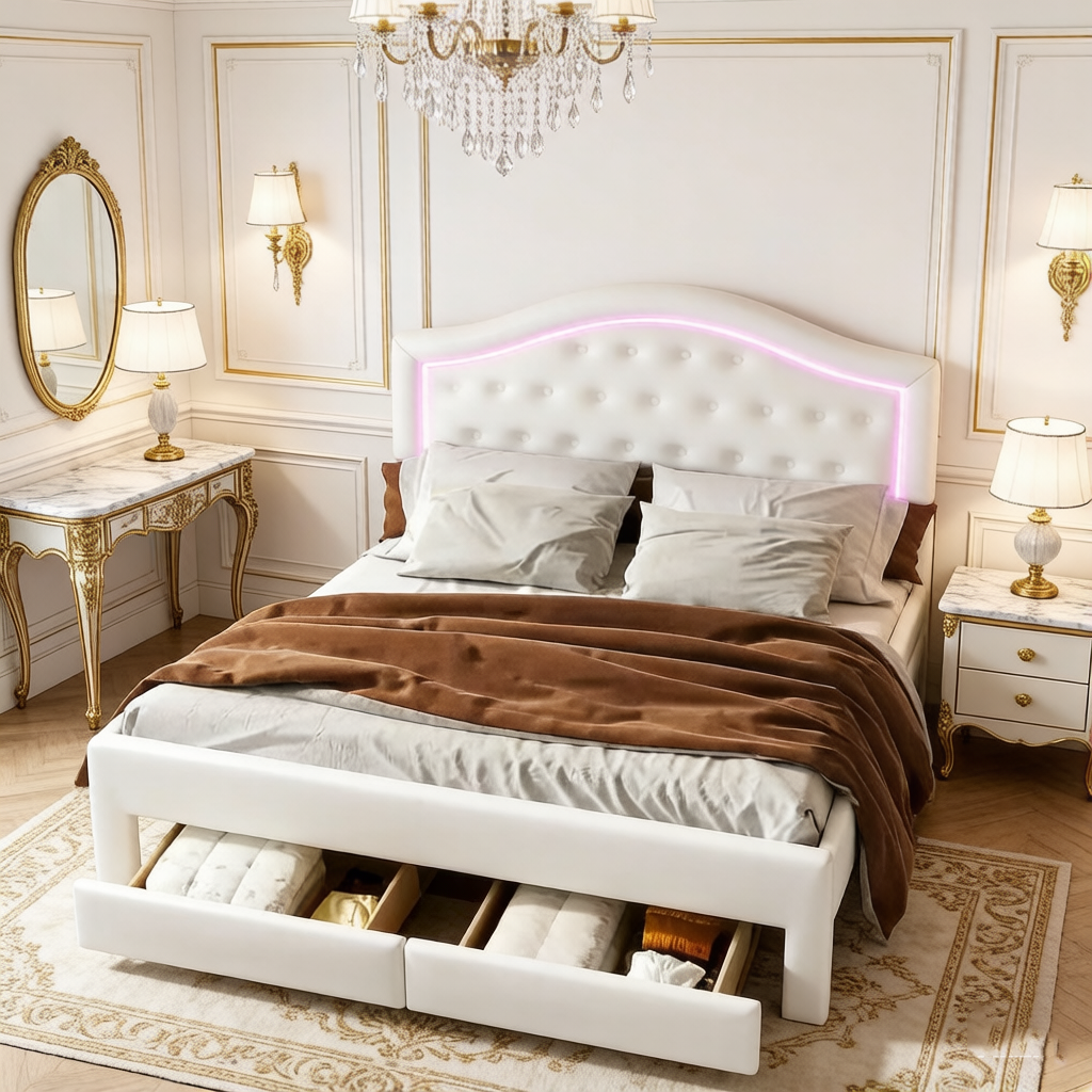 Lit double rembourré blanc avec tête de lit capitonnée, LED et 2 tiroirs