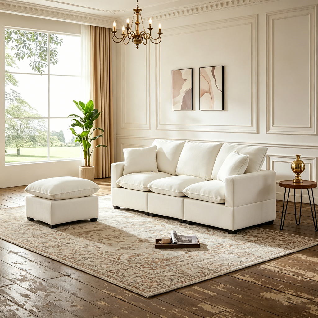 Canapé d'angle modulable en chenille moderne (2 coussins décoratifs inclus)
