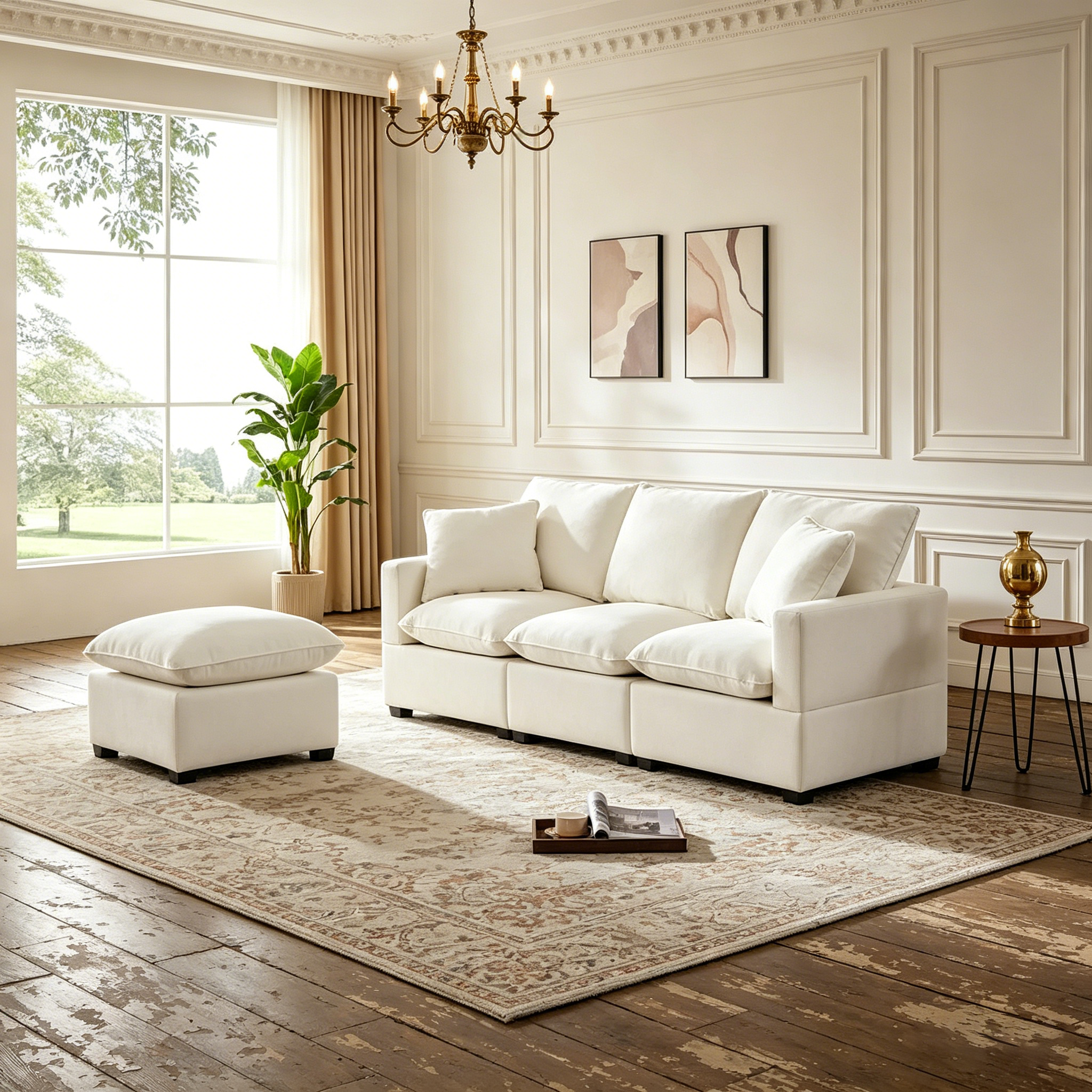 Canapé d'angle modulable en chenille moderne (2 coussins décoratifs inclus)