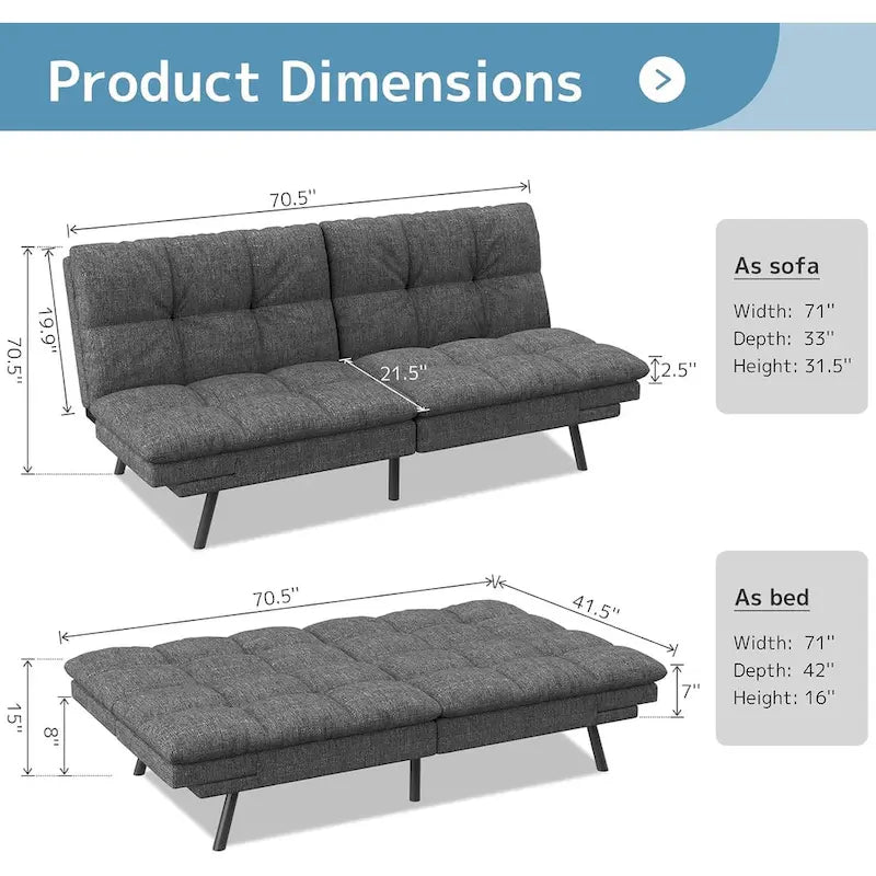 Canapé-lit futon, canapé convertible pliable en mousse à mémoire de forme avec accoudoirs réglables pour petits espaces