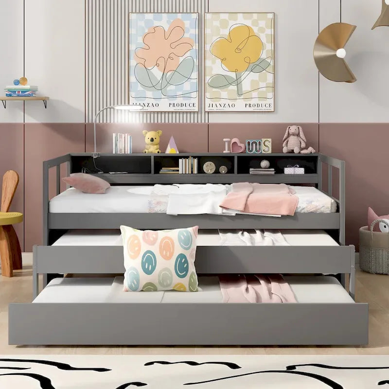 Lit de repos XL en bois avec 2 lits gigognes, 3 compartiments de rangement, 1 lampe gratuite et port de chargement USB, gris