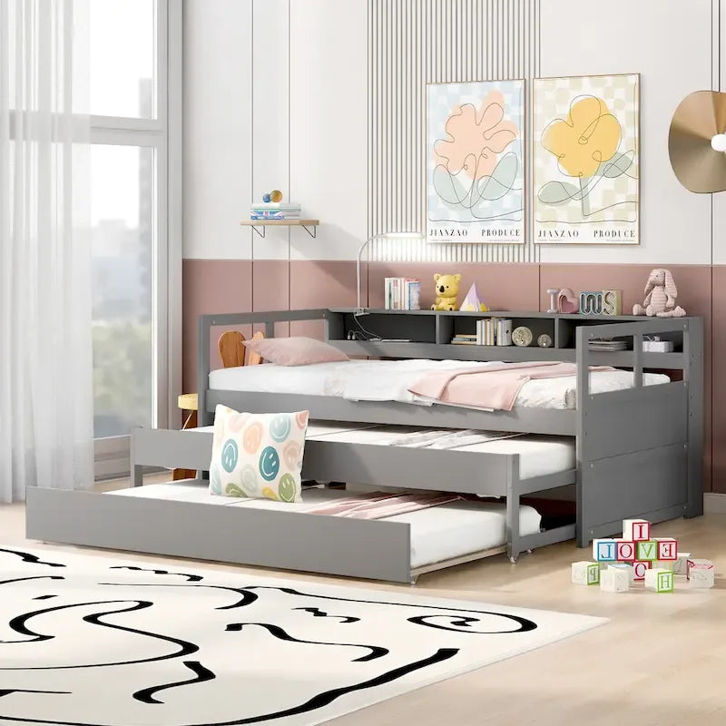 Lit de repos XL en bois avec 2 lits gigognes, 3 compartiments de rangement, 1 lampe gratuite et port de chargement USB, gris
