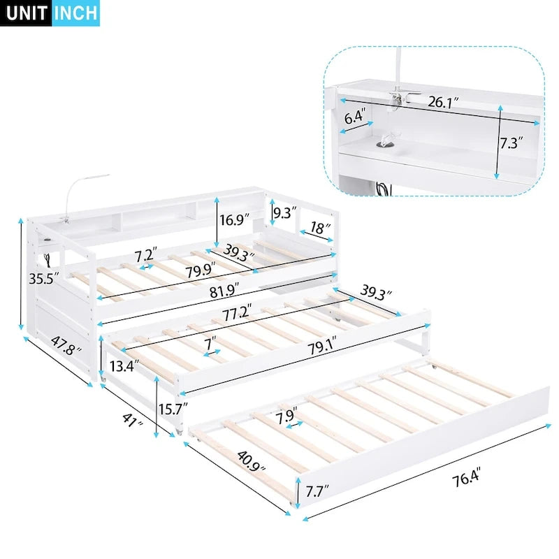 Lit de repos XL en bois avec 2 lits gigognes, 3 compartiments de rangement, 1 lampe gratuite et port de chargement USB, gris