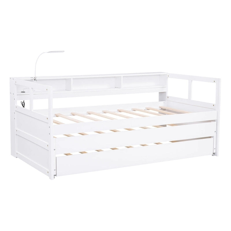 Lit de repos XL en bois avec 2 lits gigognes, 3 compartiments de rangement, 1 lampe gratuite et port de chargement USB, gris