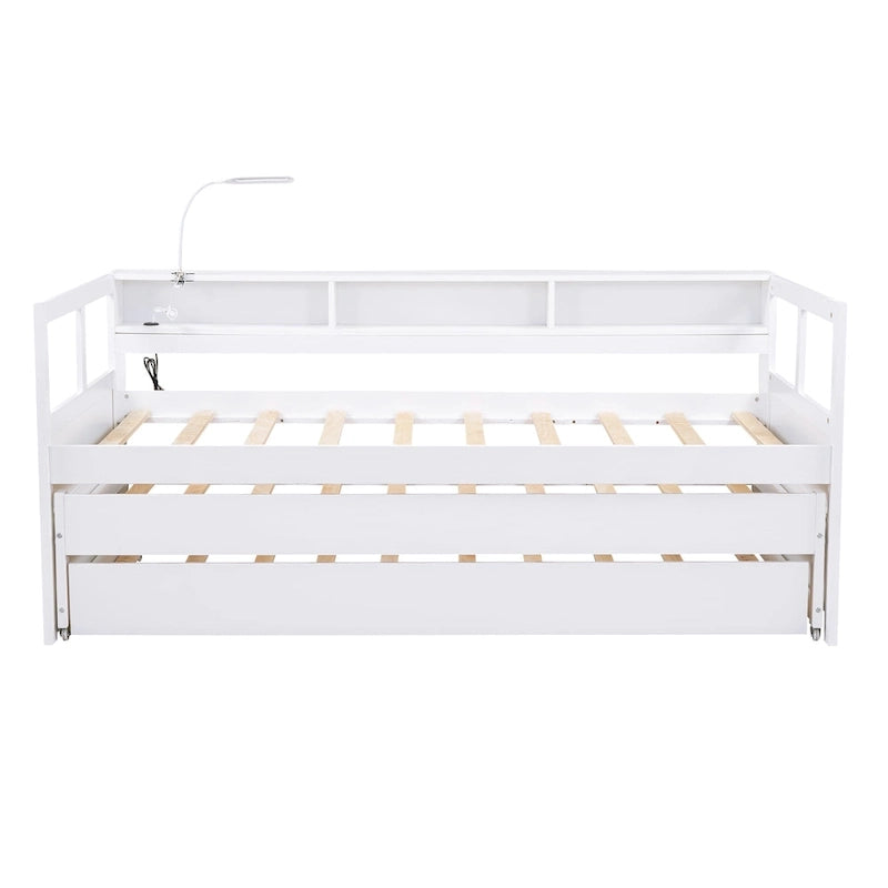 Lit de repos XL en bois avec 2 lits gigognes, 3 compartiments de rangement, 1 lampe gratuite et port de chargement USB, gris