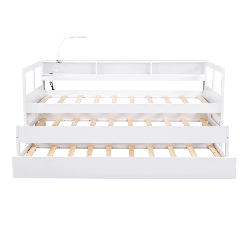 Lit de repos XL en bois avec 2 lits gigognes, 3 compartiments de rangement, 1 lampe gratuite et port de chargement USB, gris