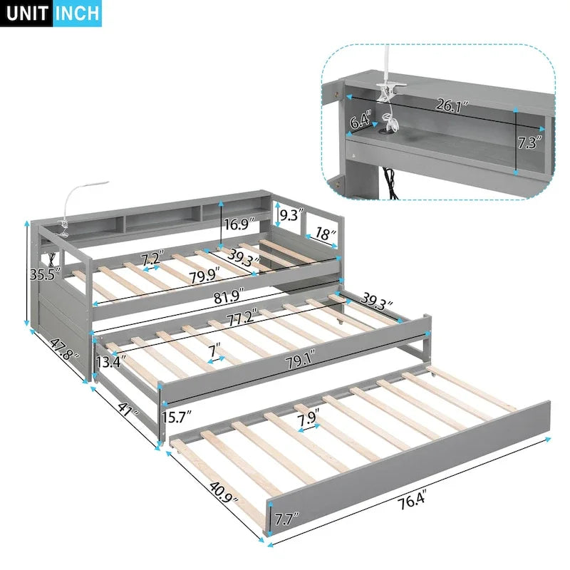 Lit de repos XL en bois avec 2 lits gigognes, 3 compartiments de rangement, 1 lampe gratuite et port de chargement USB, gris
