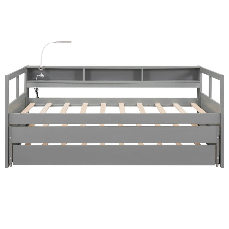 Lit de repos XL en bois avec 2 lits gigognes, 3 compartiments de rangement, 1 lampe gratuite et port de chargement USB, gris