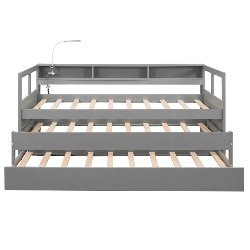 Lit de repos XL en bois avec 2 lits gigognes, 3 compartiments de rangement, 1 lampe gratuite et port de chargement USB, gris