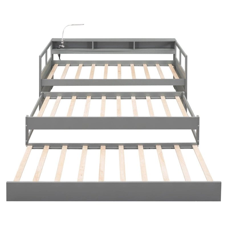Lit de repos XL en bois avec 2 lits gigognes, 3 compartiments de rangement, 1 lampe gratuite et port de chargement USB, gris