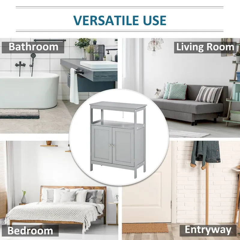 Meuble de rangement de salle de bain moderne sur pied, avec portes et étagère ouverte, mobilier de rangement pour salle de bain, gris