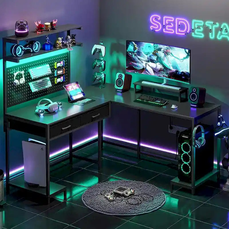 L Shaped Gaming Desk Pegboard and Drawers Monitor Stand