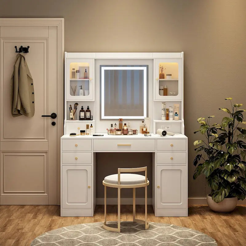 Coiffeuse avec miroir, tiroirs et étagères