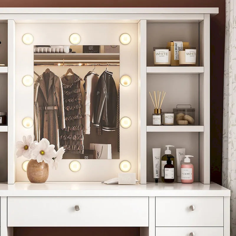 Coiffeuse avec miroir, tiroirs et étagères
