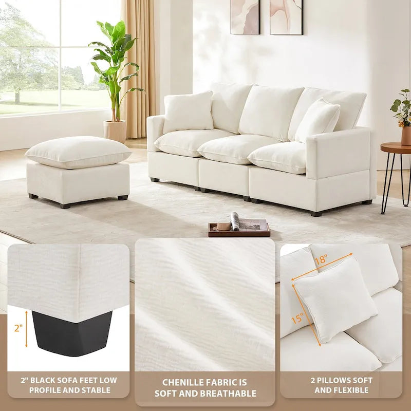 Canapé d'angle modulable en chenille moderne (2 coussins décoratifs inclus)