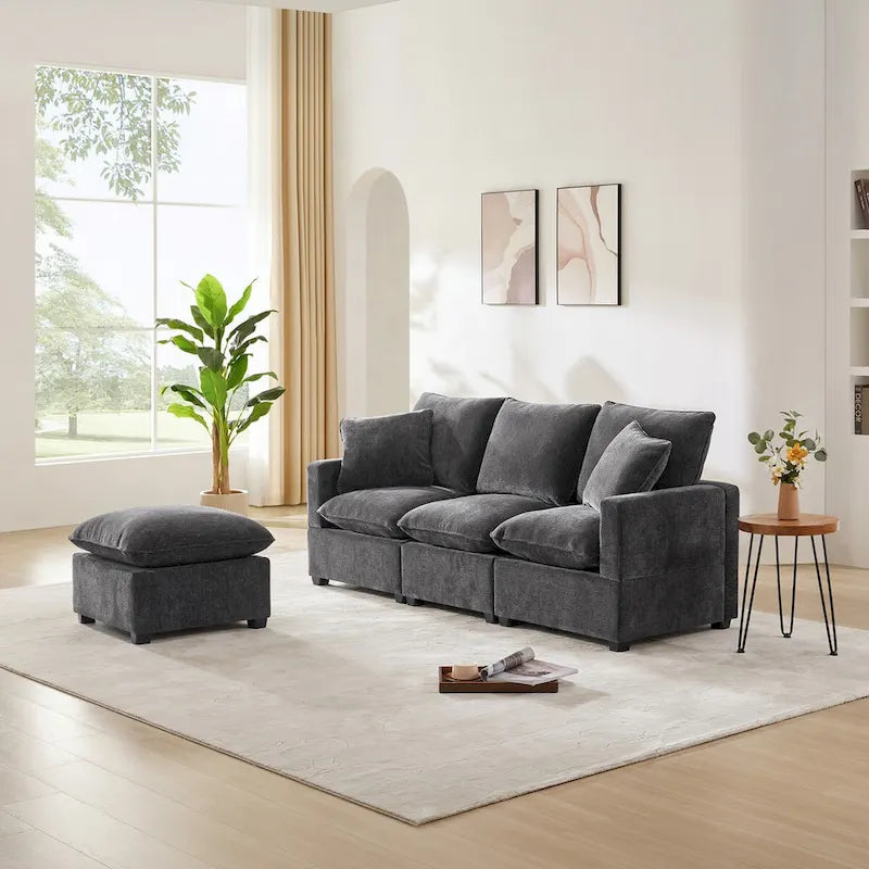 Canapé d'angle modulable en chenille moderne (2 coussins décoratifs inclus)
