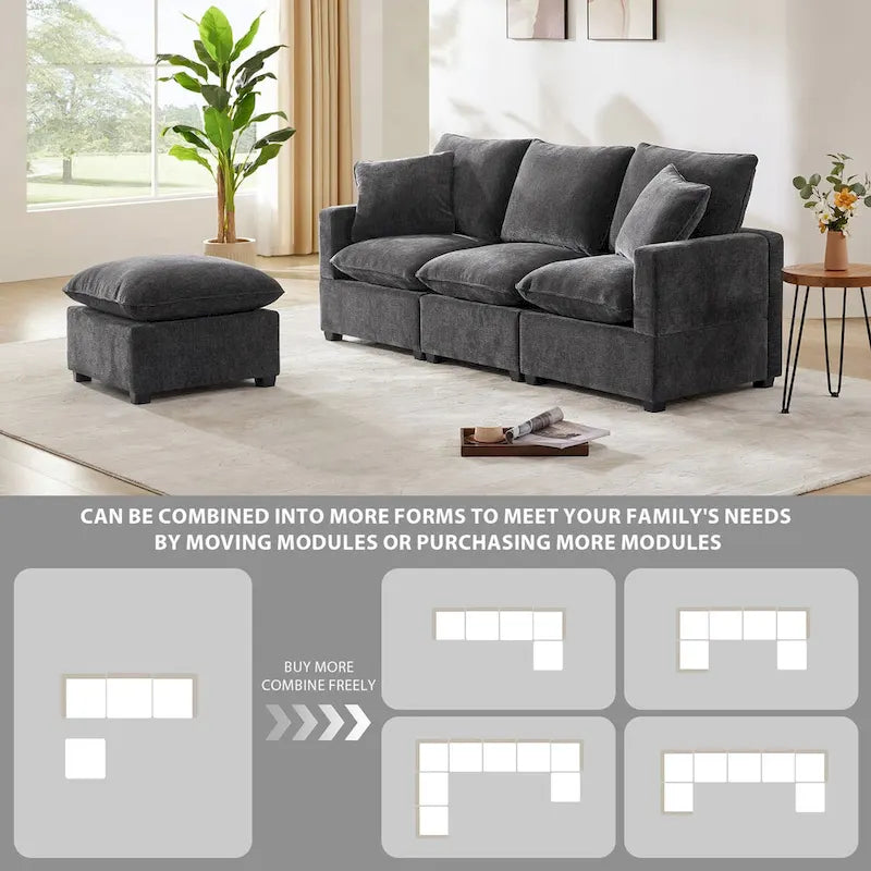Canapé d'angle modulable en chenille moderne (2 coussins décoratifs inclus)