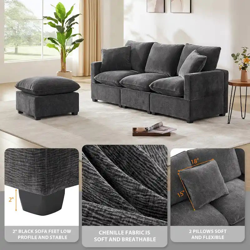 Canapé d'angle modulable en chenille moderne (2 coussins décoratifs inclus)