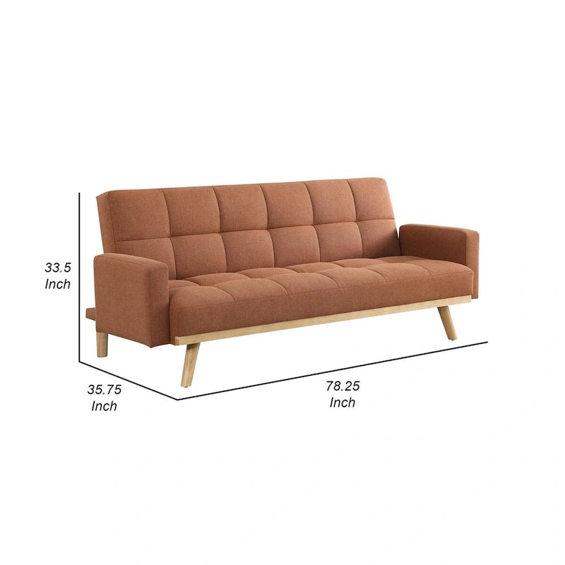Canapé futon de 78 pouces avec dossier capitonné, pieds inclinés, tissu orange