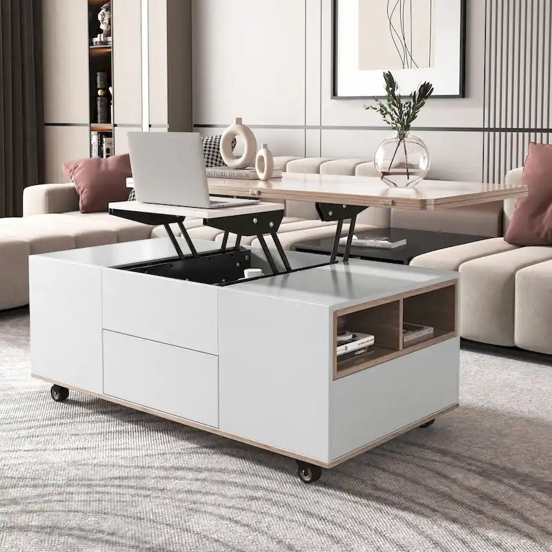Table basse relevable moderne Noyer et Blanc