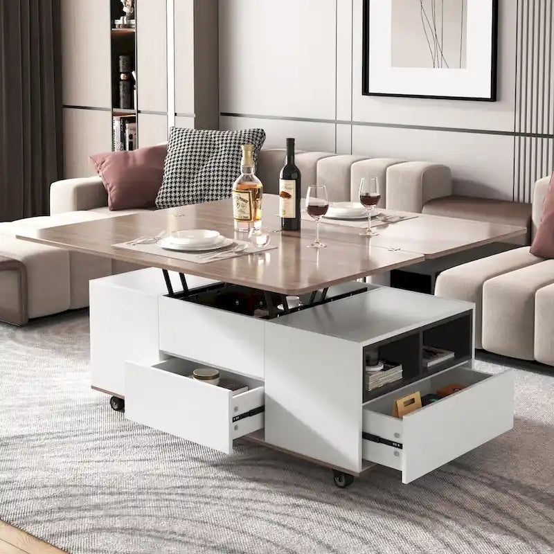 Table basse relevable moderne Noyer et Blanc