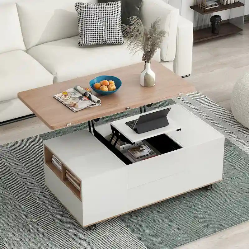 Table basse relevable moderne Noyer et Blanc