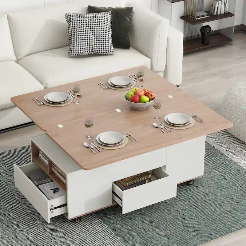 Table basse relevable moderne Noyer et Blanc
