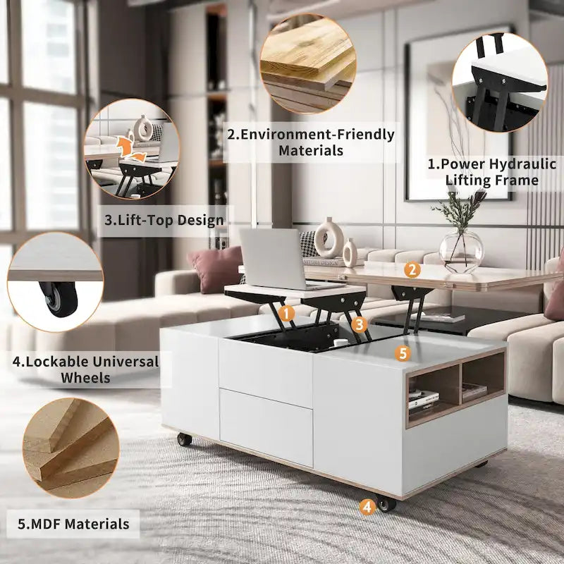 Table basse relevable moderne Noyer et Blanc