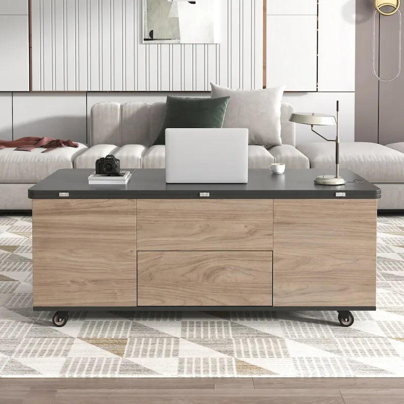 Table basse relevable moderne Noyer et Blanc