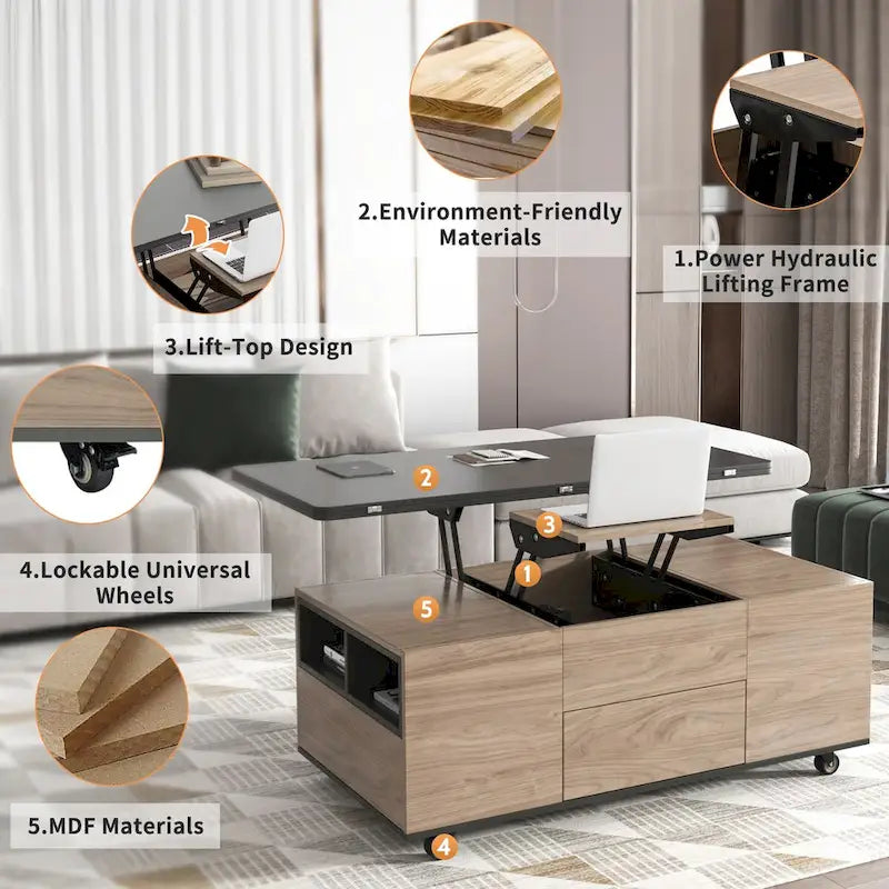 Table basse relevable moderne Noyer et Blanc