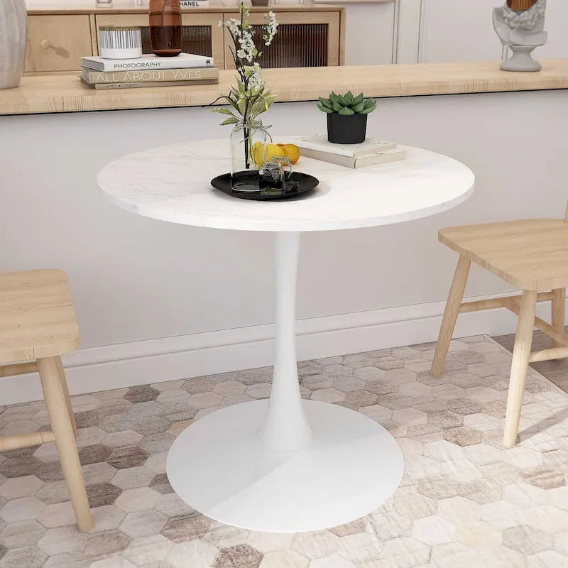 32Table à manger moderne avec base ronde en métal et plateau en MDF