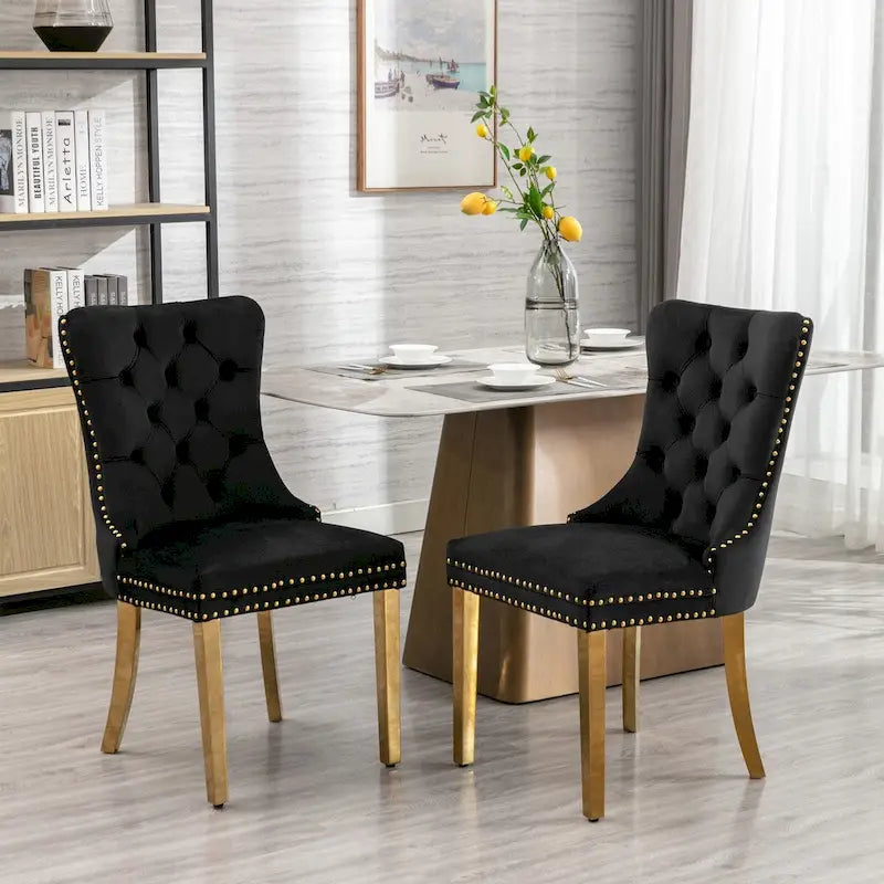 Chaises de salle à manger contemporaines haut de gamme en velours touffeté et bois massif avec pieds en acier inoxydable doré, lot de 2
