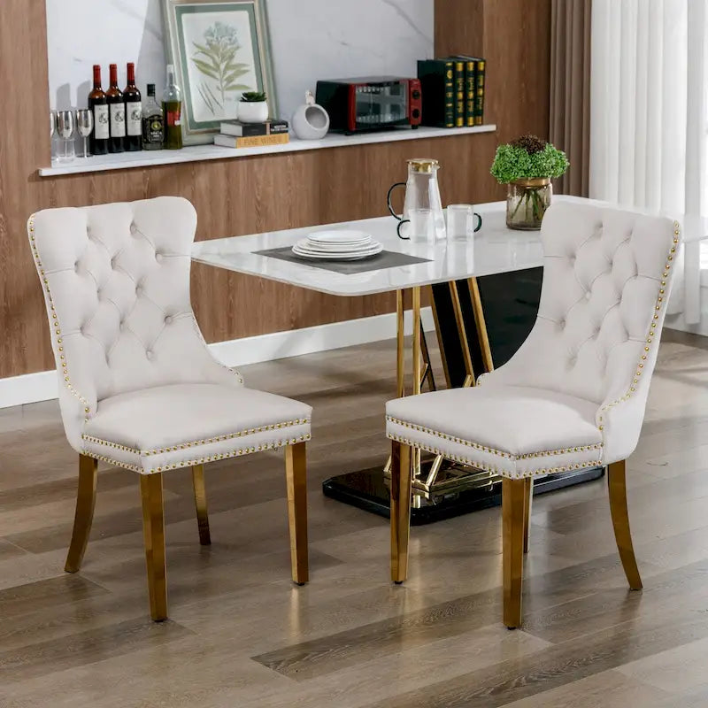 Chaises de salle à manger contemporaines haut de gamme en velours touffeté et bois massif avec pieds en acier inoxydable doré, lot de 2