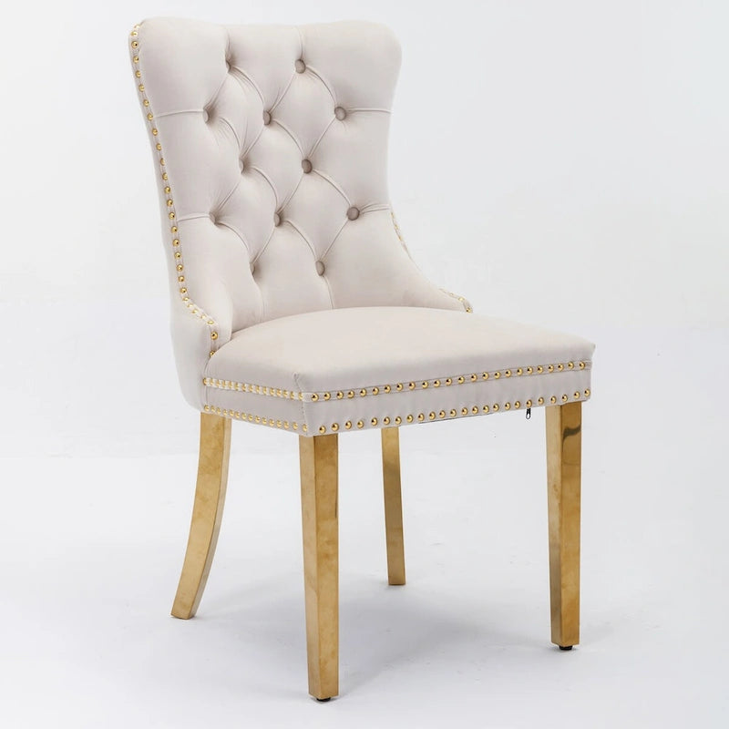 Chaises de salle à manger contemporaines haut de gamme en velours touffeté et bois massif avec pieds en acier inoxydable doré, lot de 2