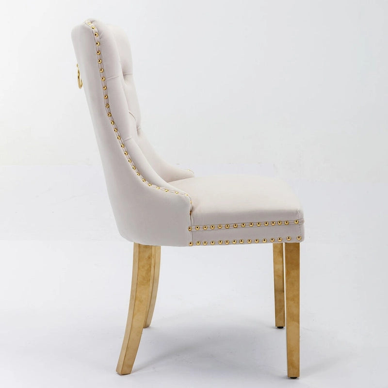 Chaises de salle à manger contemporaines haut de gamme en velours touffeté et bois massif avec pieds en acier inoxydable doré, lot de 2