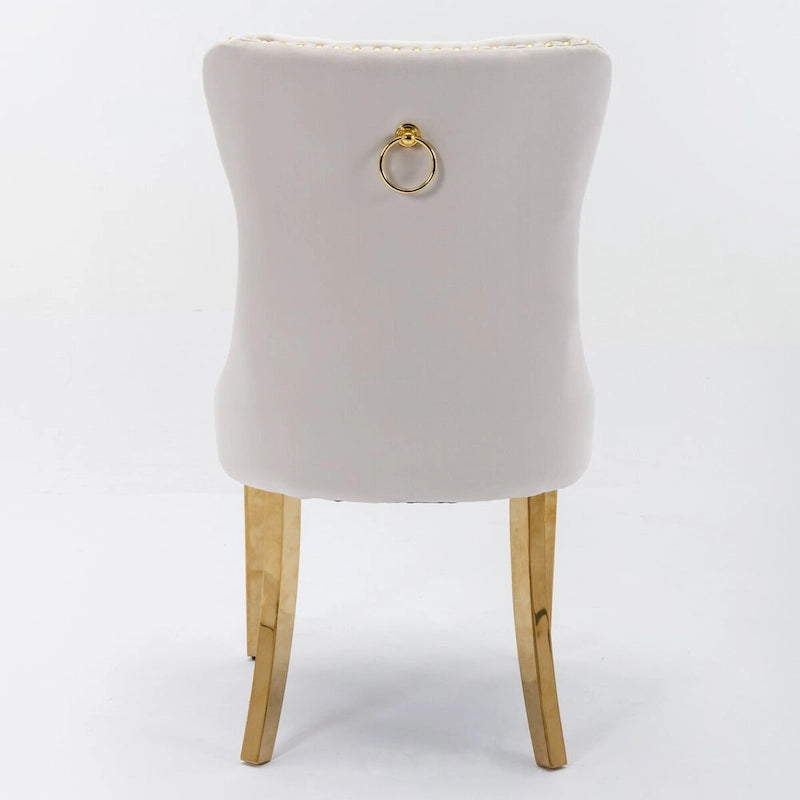 Chaises de salle à manger contemporaines haut de gamme en velours touffeté et bois massif avec pieds en acier inoxydable doré, lot de 2