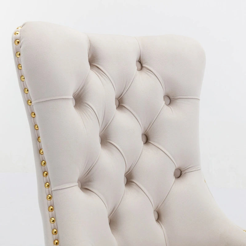 Chaises de salle à manger contemporaines haut de gamme en velours touffeté et bois massif avec pieds en acier inoxydable doré, lot de 2