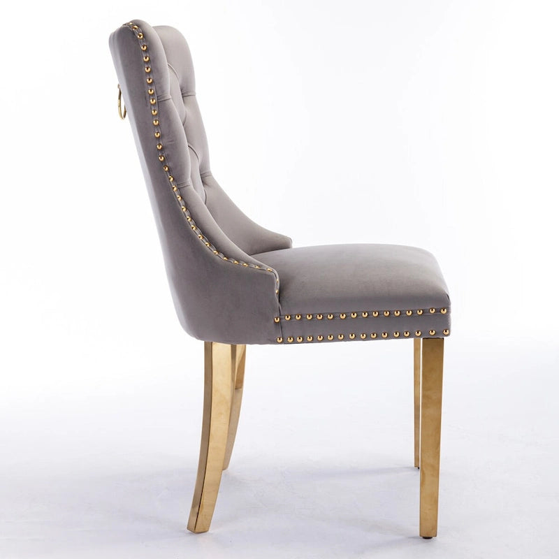 Chaises de salle à manger contemporaines haut de gamme en velours touffeté et bois massif avec pieds en acier inoxydable doré, lot de 2