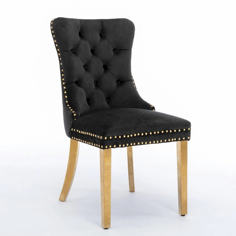 Chaises de salle à manger contemporaines haut de gamme en velours touffeté et bois massif avec pieds en acier inoxydable doré, lot de 2