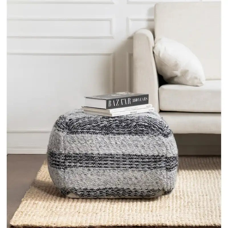Pouffe Repose-pieds Carré Rayé Gris Tissé à la Main de 60 cm