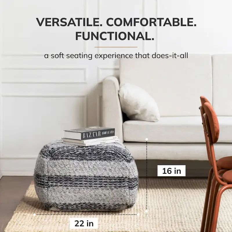 Pouffe Repose-pieds Carré Rayé Gris Tissé à la Main de 60 cm