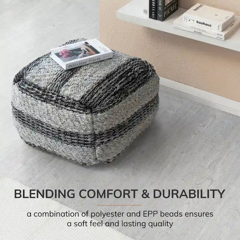 Pouffe Repose-pieds Carré Rayé Gris Tissé à la Main de 60 cm