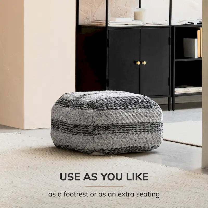 Pouffe Repose-pieds Carré Rayé Gris Tissé à la Main de 60 cm