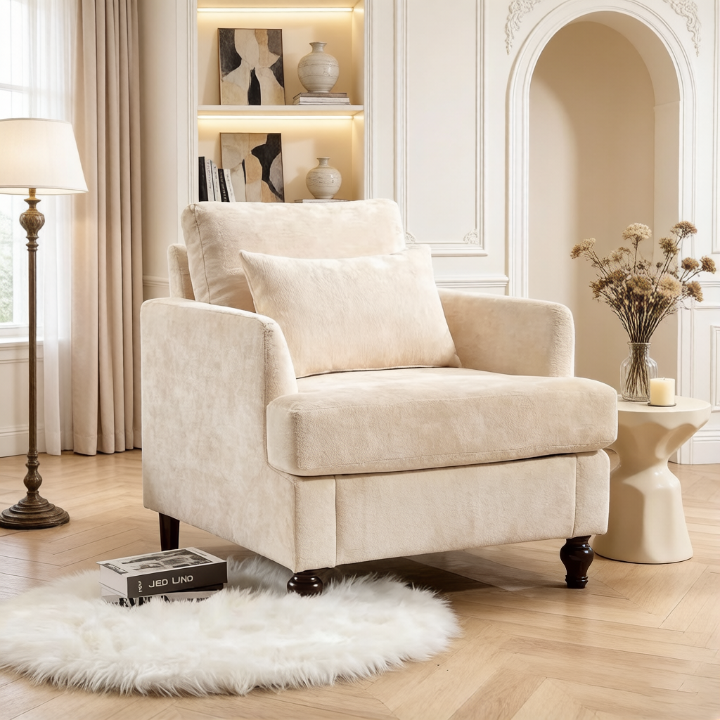 Fauteuil beige 29,53 en chenille avec cadre et coussins en bois massif