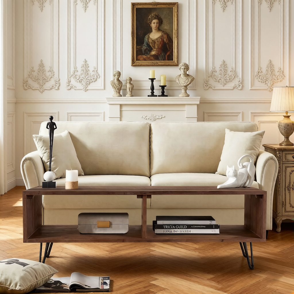 Table basse en bois recyclé avec rangement ouvert pour salon, pieds en métal, pliable, finition bois noir/naturel